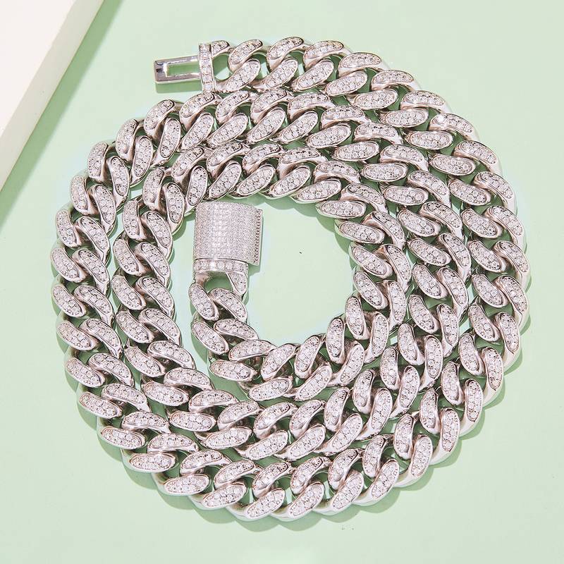 12mm宽Cuban ChainS925银镶Moissanite厘石圆形白色DVVS